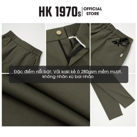 Quần Kaki Nam Eo Chun Sườn Ống Côn Vải Kaki 280GSM Kẻ Ô 280GSM Không Nhăn Xù Bai Nhão, Vải Siêu Bền Phong Cách Vintage Q228