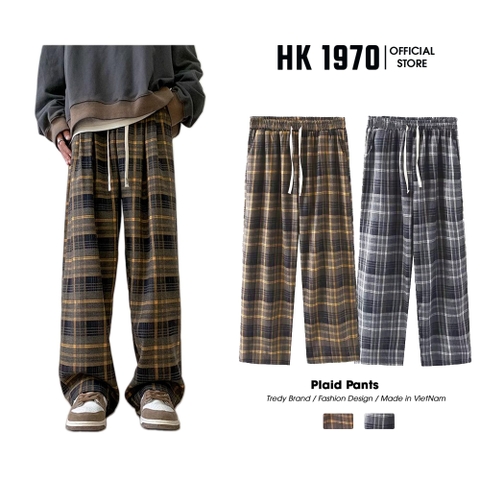 Quần Ống Rộng Xếp Ly Kẻ Sọc Caro Chất Dạ Dày Dặn Lưng Cao Nam Nữ Cạp Chun Hack Dáng HK1970 Q185 Menswear Pants Ong