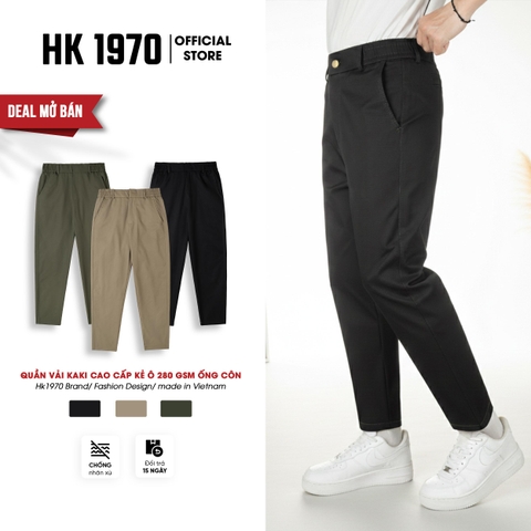 Quần Kaki Nam Eo Chun Sườn Ống Côn Vải Kaki 280GSM Kẻ Ô 280GSM Không Nhăn Xù Bai Nhão, Vải Siêu Bền Phong Cách Vintage Q228