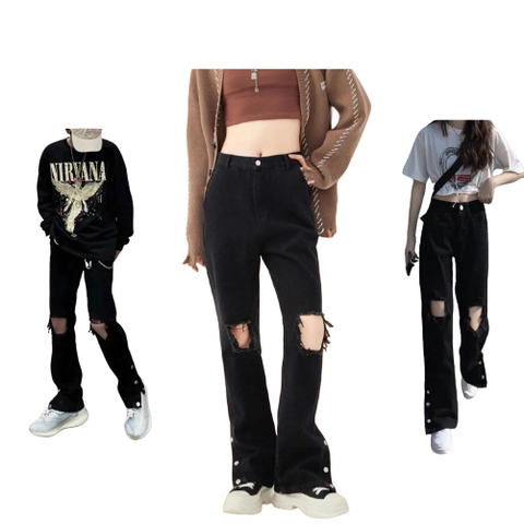 Quần Jean Nam Nữ Rách Gối Ống Đứng Thời Trang Hàn Quốc 2023 Q008 Pants Ong Women