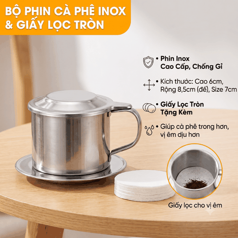 COMBO PHIN PHA CÀ PHÊ INOX 7Q + 100 GIẤY LỌC 5,3CM