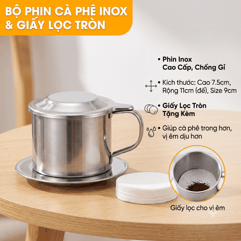 COMBO PHIN PHA CÀ PHÊ INOX 9Q + 100 GIẤY LỌC 6CM