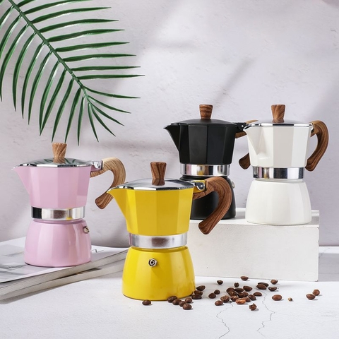 Bình Pha Cà Phê Seiko Moka Kiểu Ý – Hợp Kim Nhôm Dày, Tay Cầm Vân Gỗ Cao Cấp 150ml-300ml