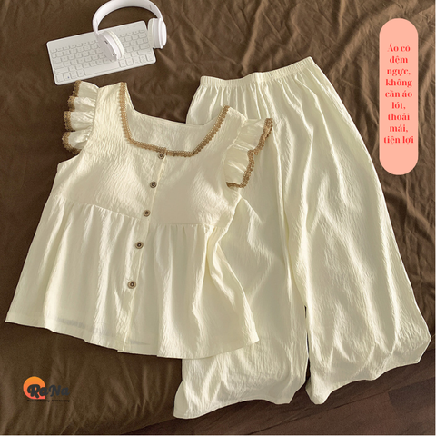 Bộ quần lửng áo không tay cotton đũi