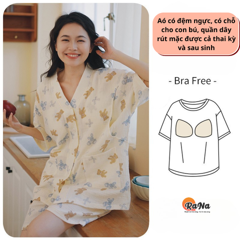 Bộ ngủ pyjama Rana có chỗ cho con bú áo đệm ngực quần có dây rút