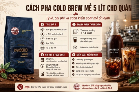 Cách pha Cold Brew mẻ 5 lít cho quán: Tỷ lệ, chi phí và cách kiểm soát mẻ ổn địn