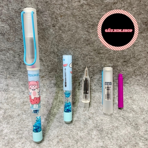 Bút máy tẩy (bút mực tẩy) thân có Nhũ nước - ngòi Kim Tinh trơn dùng được cả mực lọ và ống mực tẩy (loại ống 3.4mm)