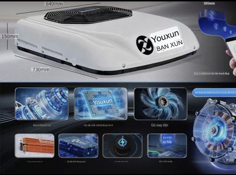 Điều Hoà Ân Trần,Úp Lóc 12V Dàn Mát Bằng Đồng Quạt Ko Chổi Than Chạy Điện Ắc Quy 12V
