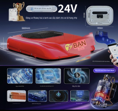Điều Hoà Âm Trần 24V Dàn Mát Bằng Đồng Chạy Điện Ắc Quy 12-24V