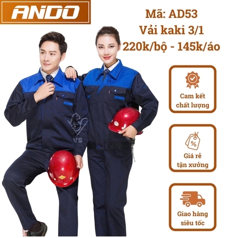 Quần áo bảo hộ lao động AD53 màu tím than phối xanh, vải kaki 3/1, thiết kế & in đồng phục doanh nghiệp, nhà xưởng