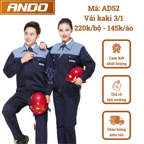 Quần áo bảo hộ lao động AD52 màu xanh than phối ghi, vải kaki 3/1, thiết kế & in đồng phục doanh nghiệp, nhà xưởng