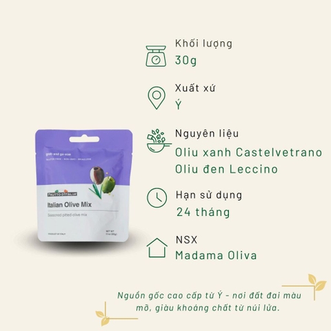Oliu hỗn hợp tách hạt có gia vị - Italian Olive Mix Doypack 30 Gr