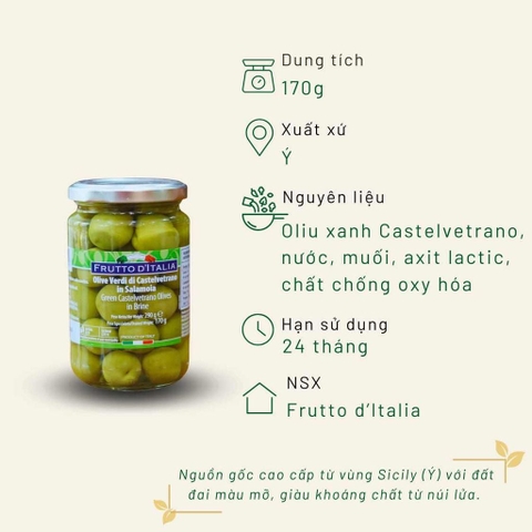 Oliu xanh có hạt - Green Castelvetrano Olives- Glass Jar 170 Gr
