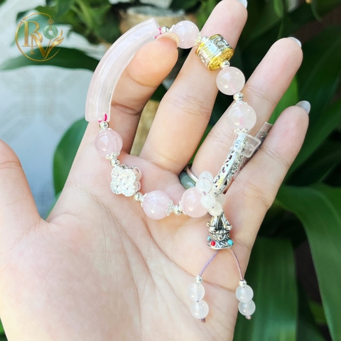 Lắc tay Thạch Anh Hồng mix Lu Thống, Chuông, Khánh 10-10.5 li