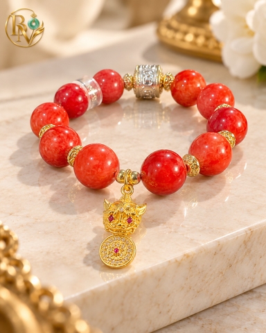 Lắc tay Đá Thạch Anh Đỏ Tự nhiên mix charm Lu Thống 12.1 x 12.4 li