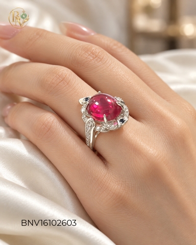 Nhẫn bạc nữ mặt đá Ruby Oval Cabochon viền đá CZ trắng xanh