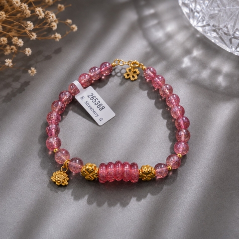 Chuỗi Vòng Tay Thạch Anh Dâu Tây mix Charm - Cỏ 4 Lá - Ngũ Điếu