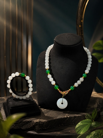 Set Chuỗi Vòng Cổ Mặt Đồng Điếu Thạch Anh Trắng & Vòng Tay - 10 li
