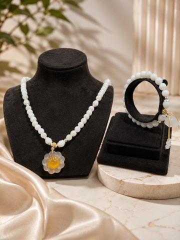 Set Vòng Cổ và Vòng Tay Ngọc Cẩm Thạch Mặt Hoa, Lục Lạc 7,7 li