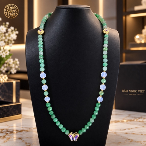 Vòng Cổ Dài Ngọc Cẩm Thạch Hoa Bay mix charm Cánh Bướm Đính Đá 7.8 - 8.2 li