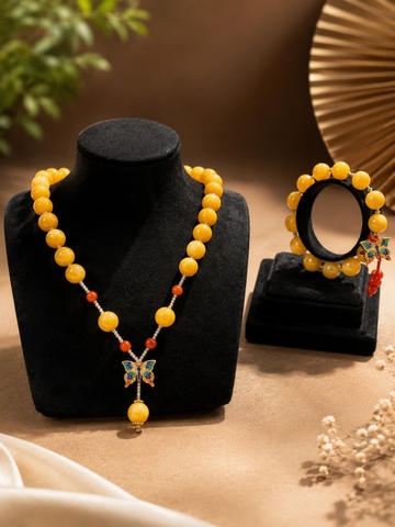 Set Vòng Cổ và Vòng Tay Thạch Anh Vàng Tự Nhiên Mặt Bướm 12 li