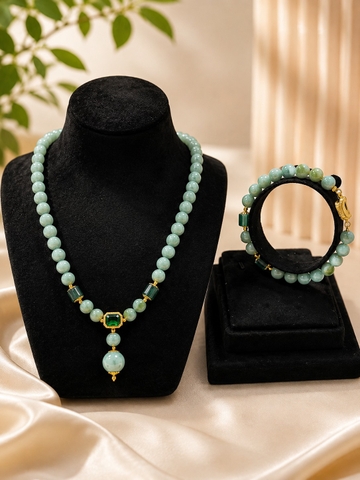 Set Vòng Cổ và Vòng Tay Ngọc Cẩm Thạch Mặt Đá Xanh, Mix Cầu Đôi 7,8 li