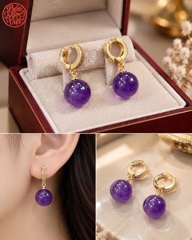Khuyên Tai Thạch Anh Tim Cầu Tròn 12 - 12.3 li