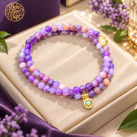 Chuỗi hạt Mã não Tím Vòng cổ hoặc quấn tay mix charm Hồ Lô, Mặt tròn 6.4 - 6.5 li