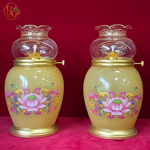Đôi đèn thờ Hoàng Ngọc Chữ Phật Hoa Sen Kinh Bát Nhã ngọc Onyx size TO