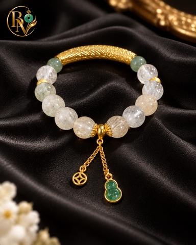 Lắc Tay Thạch Anh Tóc Tự Nhiên mix charm Hồ Lô Đá Xanh 8.2 - 11 li