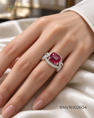 Nhẫn bạc xi kim mặt đá Ruby vuông Tim lồng viền đá CZ trắng