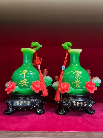 Cặp Bình Gậy Như Ý màu Xanh - Hoa Hồng ngọc Onyx 21x30x16cm