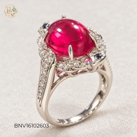 Nhẫn bạc nữ mặt đá Ruby Oval Cabochon viền đá CZ trắng xanh