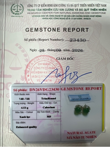 Bông tai Mã Não Lục Lam mặt cầu tròn 7.8