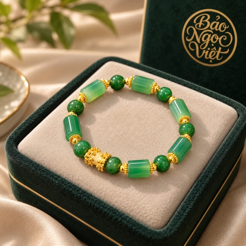 Vòng Tay Mã Não Xanh Lục mix charm Lu Thống 11.9 x 8.21 li