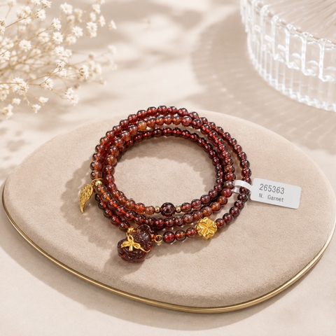 Chuỗi Vòng Tay Granet mix Charm - Túi Tiền - Cỏ & Chiếc Lá