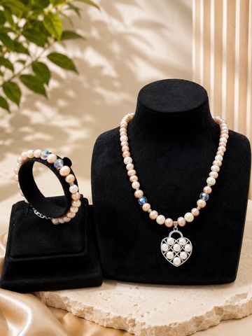 Set Vòng Cổ và Vòng Tay Ngọc Trai Mặt Trái Tim 7,4-7,7 li