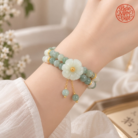 Vòng Tay Đôi Ngọc Cẩm Thạch Type A mix Mặt Hoa dây 5.6 - 6.3 li