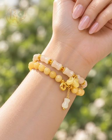 Chuỗi vòng quấn tay mix charm đốt tre, bướm trắng Cẩm Thạch Hoàng Phỉ 6.2-6.6 li