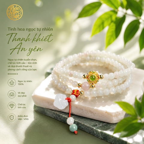 Chuỗi Vòng Tay Bạch Ngọc Cẩm Thạch Type A phối Mặt Hoa Ngọc, Khánh, Lu Thống 5.9 - 6.3 li
