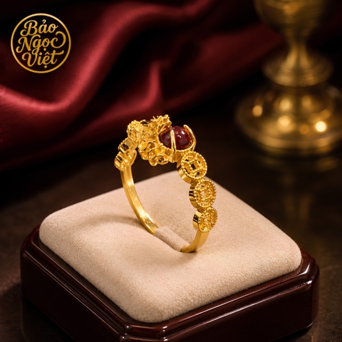 Nhẫn Kim tiền mặt Thạch anh Tóc Đỏ mix Charm
