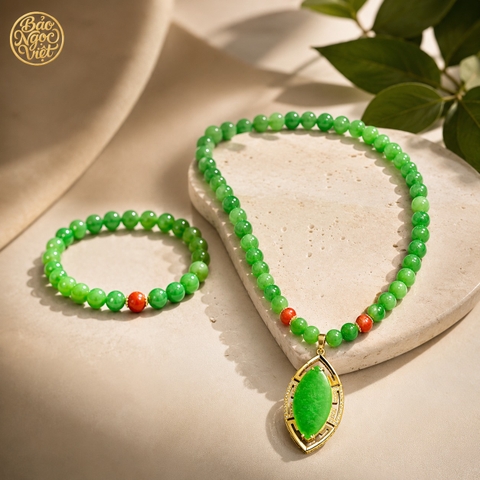 Set Vòng Cổ, Vòng Tay Thạch Anh Xanh Lục Phớt Trắng Mắt Phượng Phối Charm Đính Đá