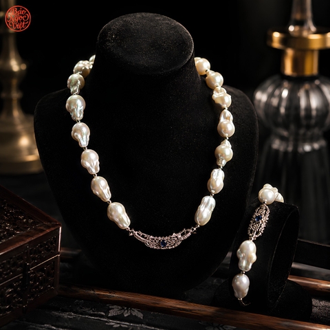 Set Chuỗi Vòng Cổ, Vòng Tay Ngọc Trai Tự Nhiên Độc Bản Baroque Hoàng Gia - Khoá cài đính Đá 24.4 x 12.2