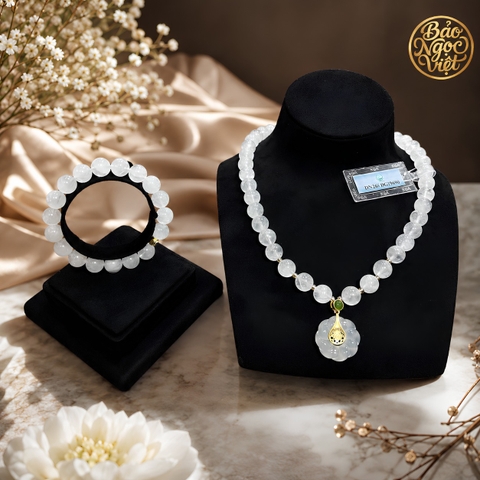 Set Chuỗi Vòng Cổ Mặt Hoa Thạch Anh Trắng & Vòng Tay - 10,5 li