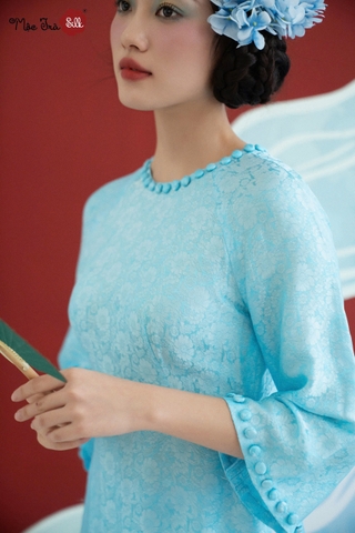 Áo dài Gấm hoa xanh dương