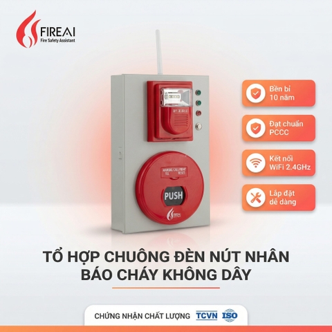 Tổ Hợp Chuông Đèn Nút Nhấn Báo Cháy Không Dây Địa Chỉ FireAI WAB-01