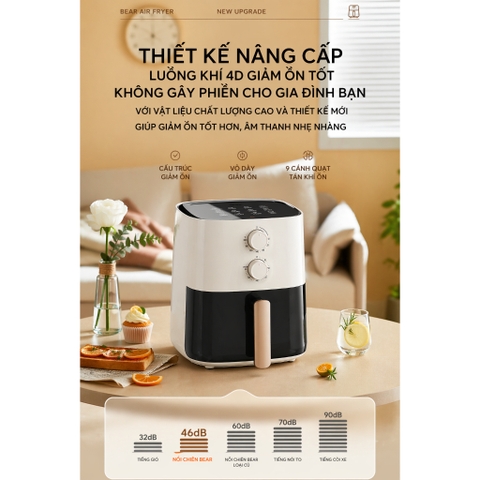 Nồi Chiên Không Dầu 5L Bear AF-4H15K, Công Suất 1500W, Hẹn Giờ- Nhiệt Độ Nấu, Bảo Hành 18 Tháng