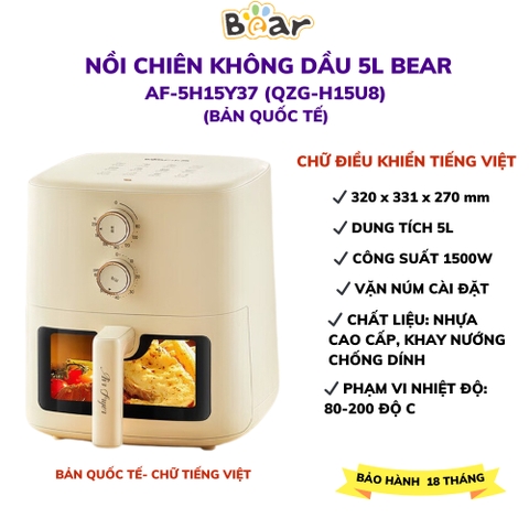 Nồi Chiên Không Dầu 5L Bear AF-4H15K, Công Suất 1500W, Hẹn Giờ- Nhiệt Độ Nấu, Bảo Hành 18 Tháng