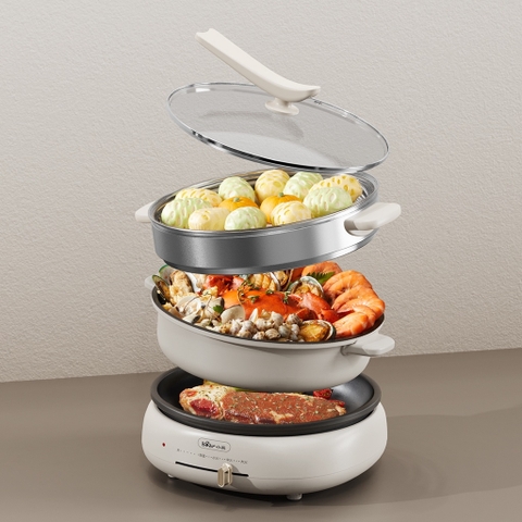 Nồi Lẩu Nướng Hấp Đa Năng Bear 4L DHG-C40W2 1500W, 4 Mức Nhiệt, Kèm Xửng Hấp 3.5L, BH 18 Tháng