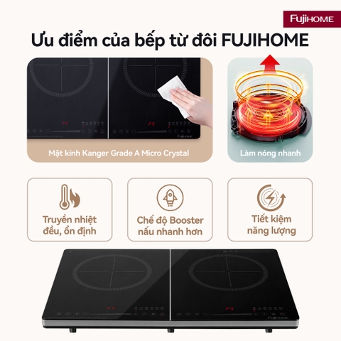 Bếp từ đôi Fujihome IC2123 | 2 vùng nấu Booster nhanh nóng | An toàn khóa trẻ em, tiết kiệm điện